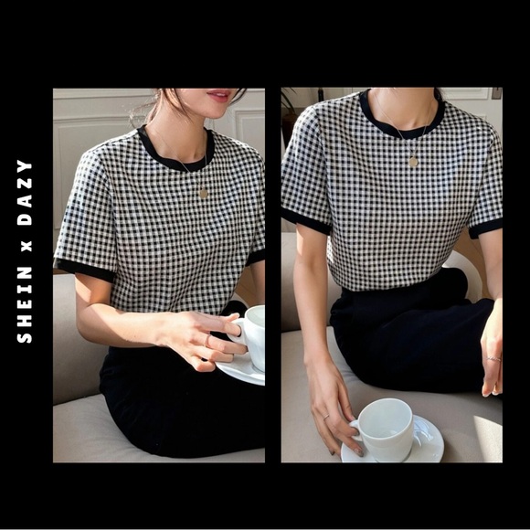 dazy • black & white plaid checkered short sleeve top - Picture 3 of 14